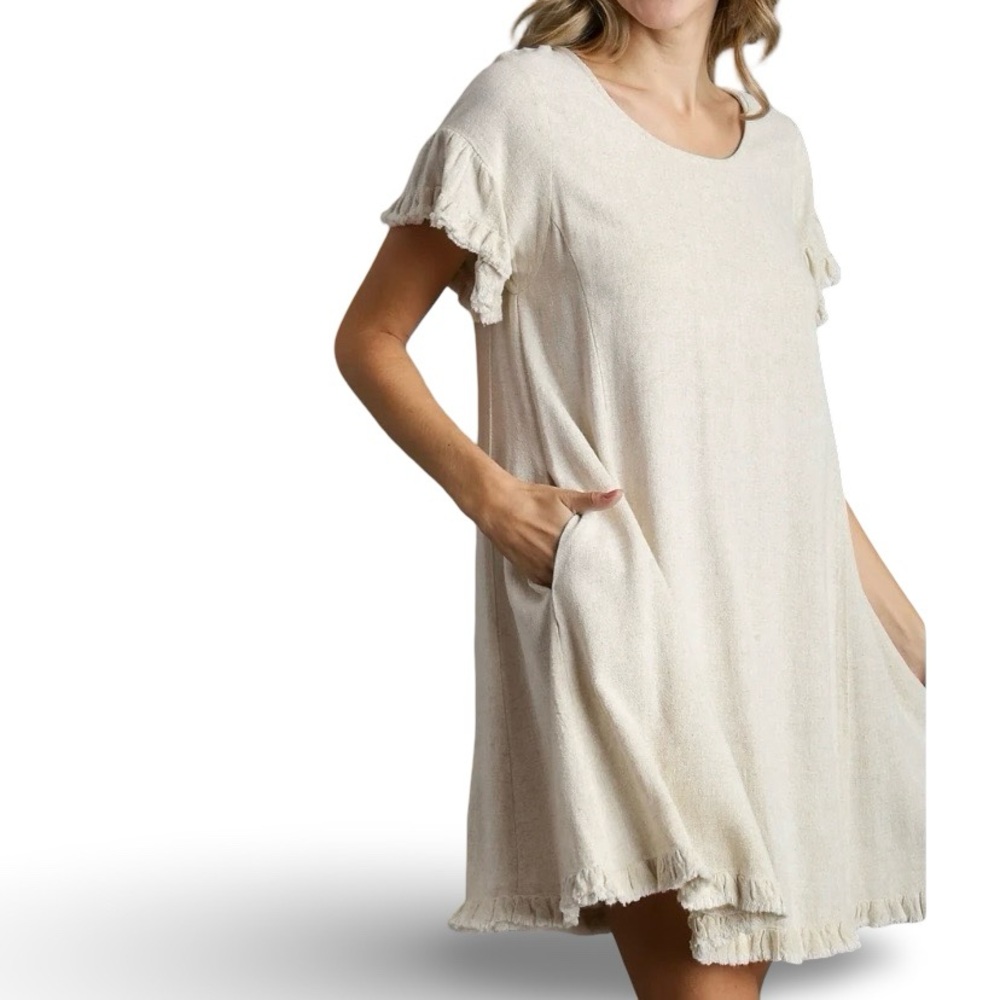 Umgee Linen Blend Oatmeal Boho Fringe Dress Size Medium - Picture 2 of 10